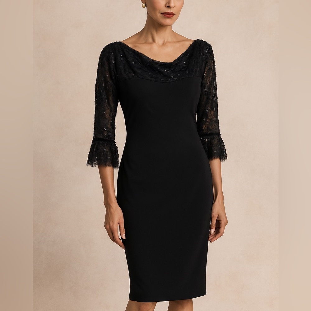 Vintage Tadashi Shoji Black Silk Dress | Lace and Sequins Embellishments